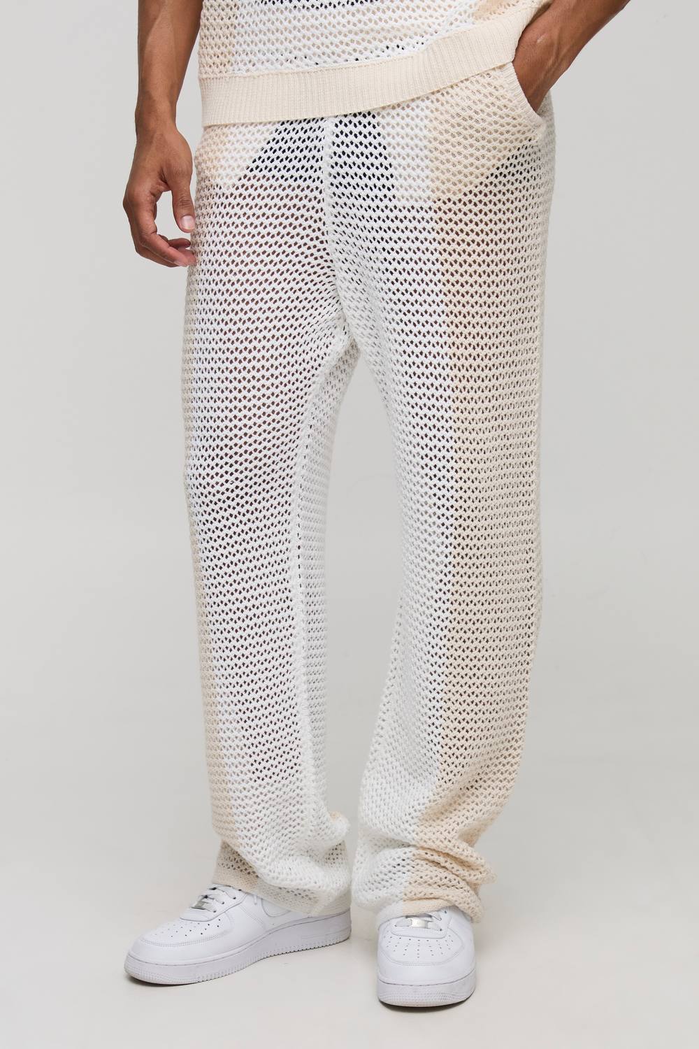 Relaxed Fit Colour Block Open Stitch Knitted Joggers | Stone | Size Small