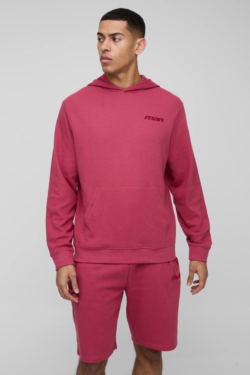 Regular Fit Waffle MAN Varsity Hoodie | Red | Size Small
