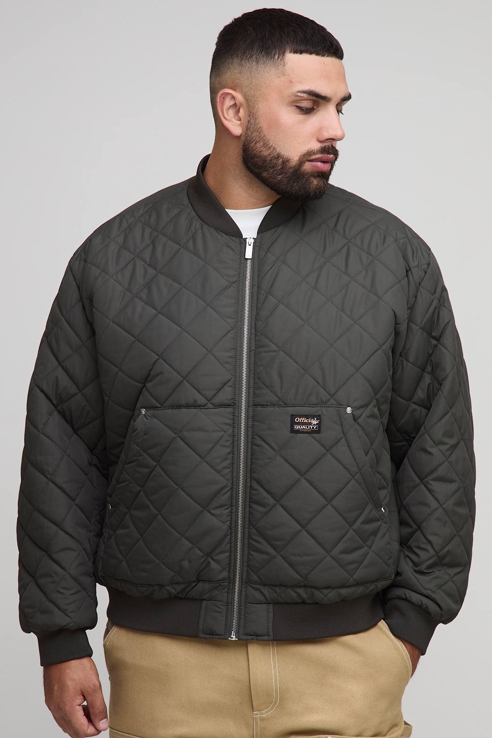Plus Quilted Carpenter Pocket Regular Fit Bomber Jacket | Khaki | Size 2XL