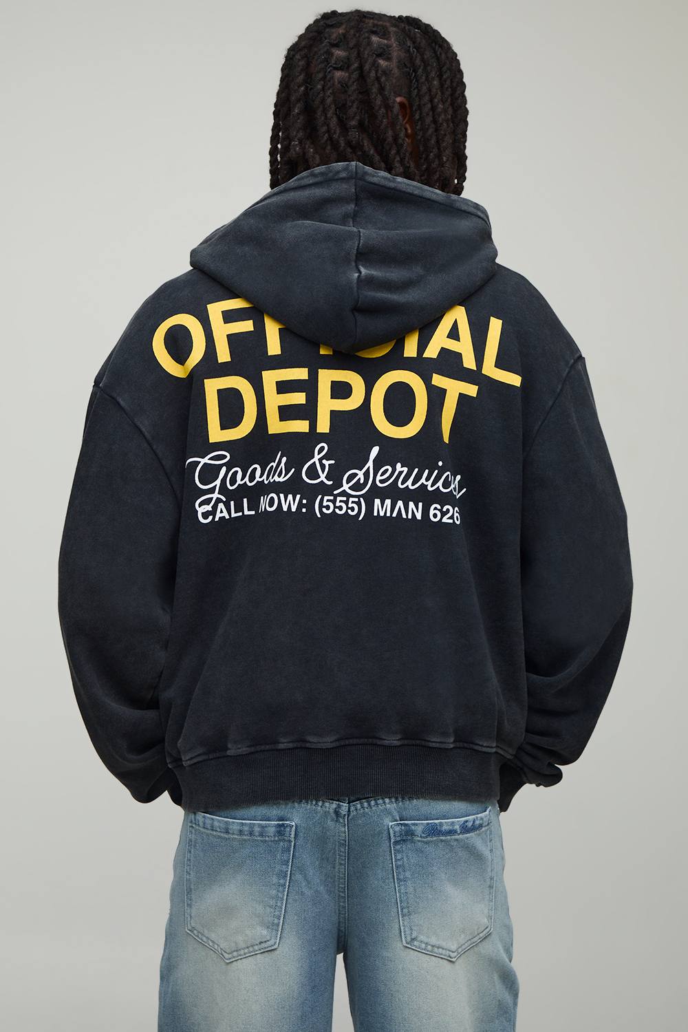 Men's Oversized Boxy Loopback Official Washed Zip Through Hoodie | Black | Size Medium | BOOHOOMAN