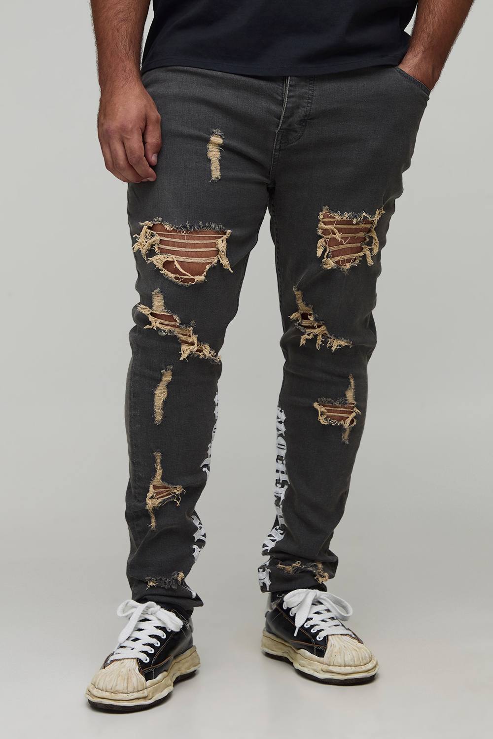 Plus Stacked Skinny Distressed Embroidered Gusset Jeans | Mid Grey | Size 44