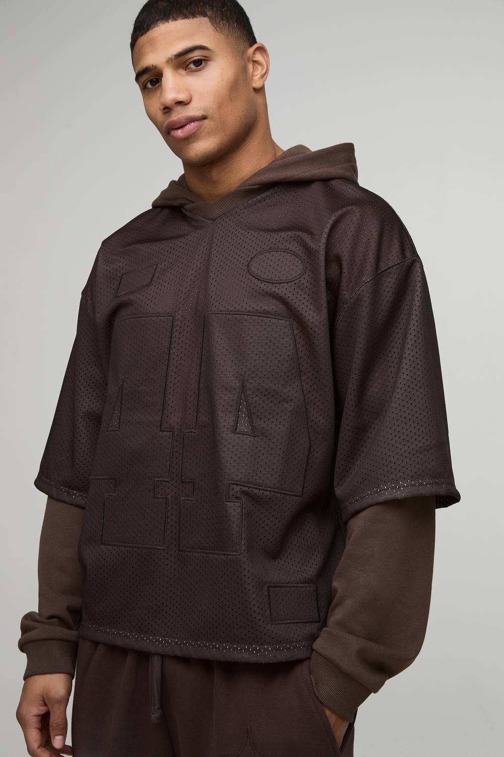Oversized Boxy Varsity Applique Faux Layer Mesh Hockey Top Hoodie | Brown | Size Medium