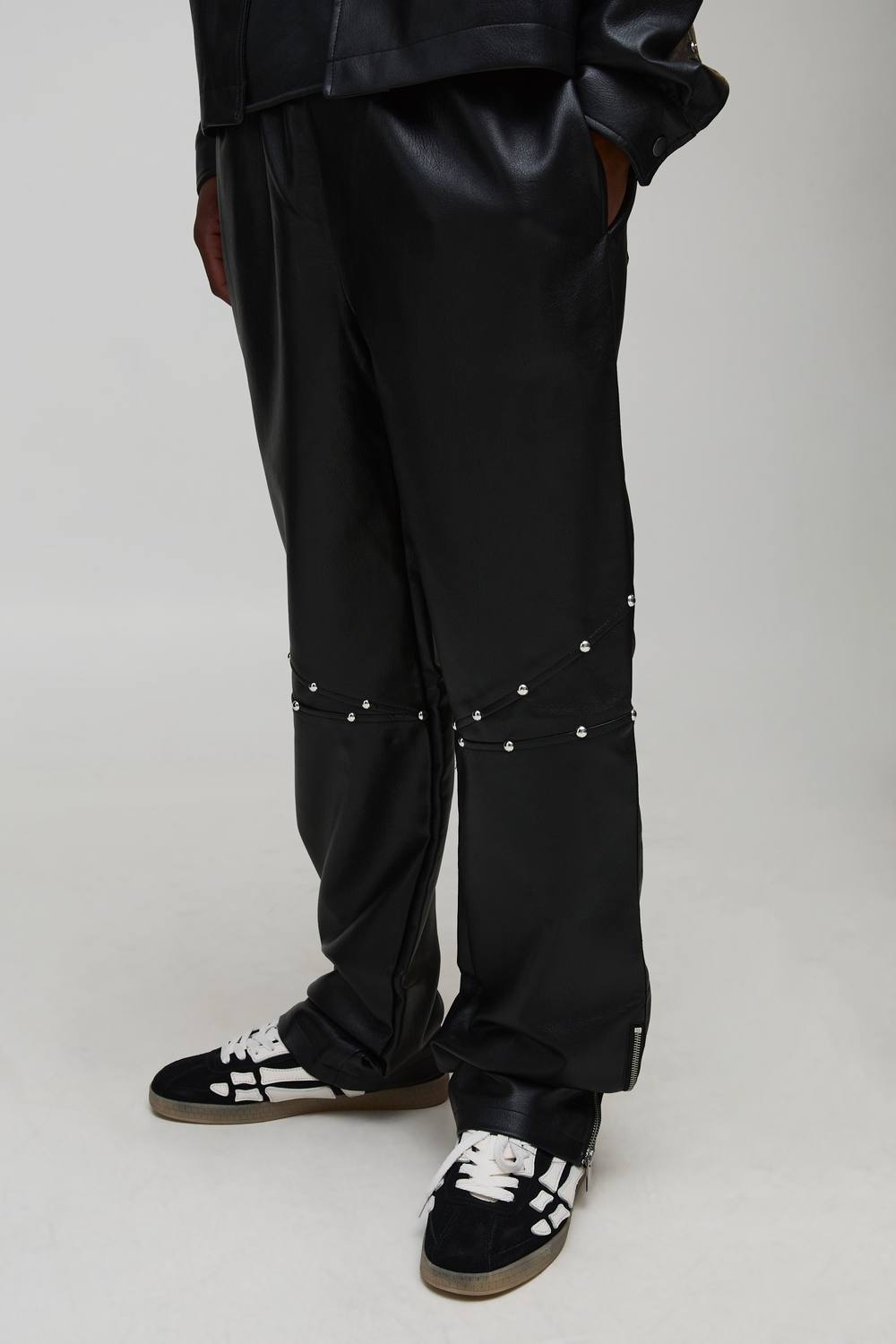 Tall Studded Leather Look Zip Hem Relaxed Fit Trousers | Black | Size 2XL