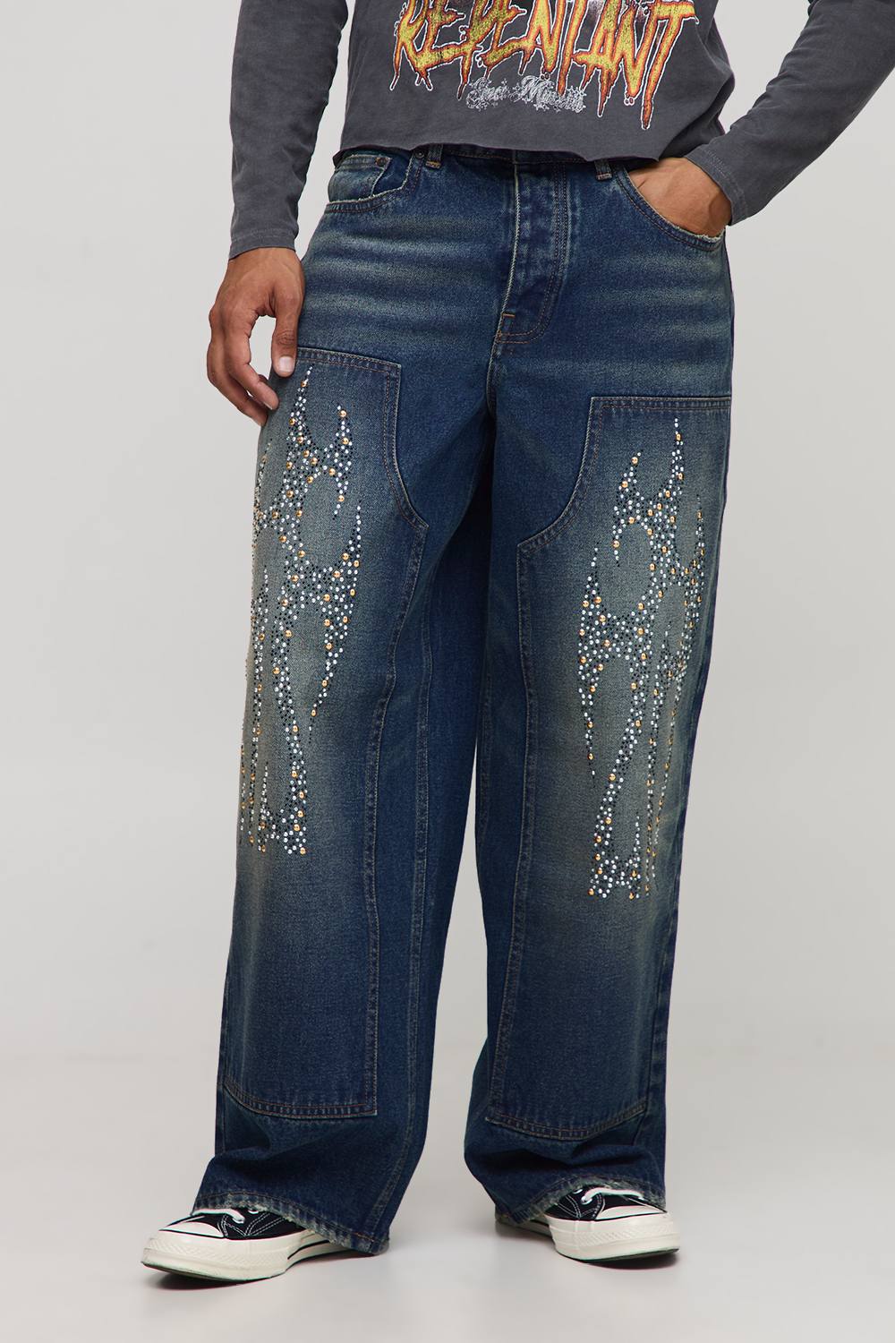 Gothic Rhinestone Baggy Fit Jeans | Antique Blue | Size 30R