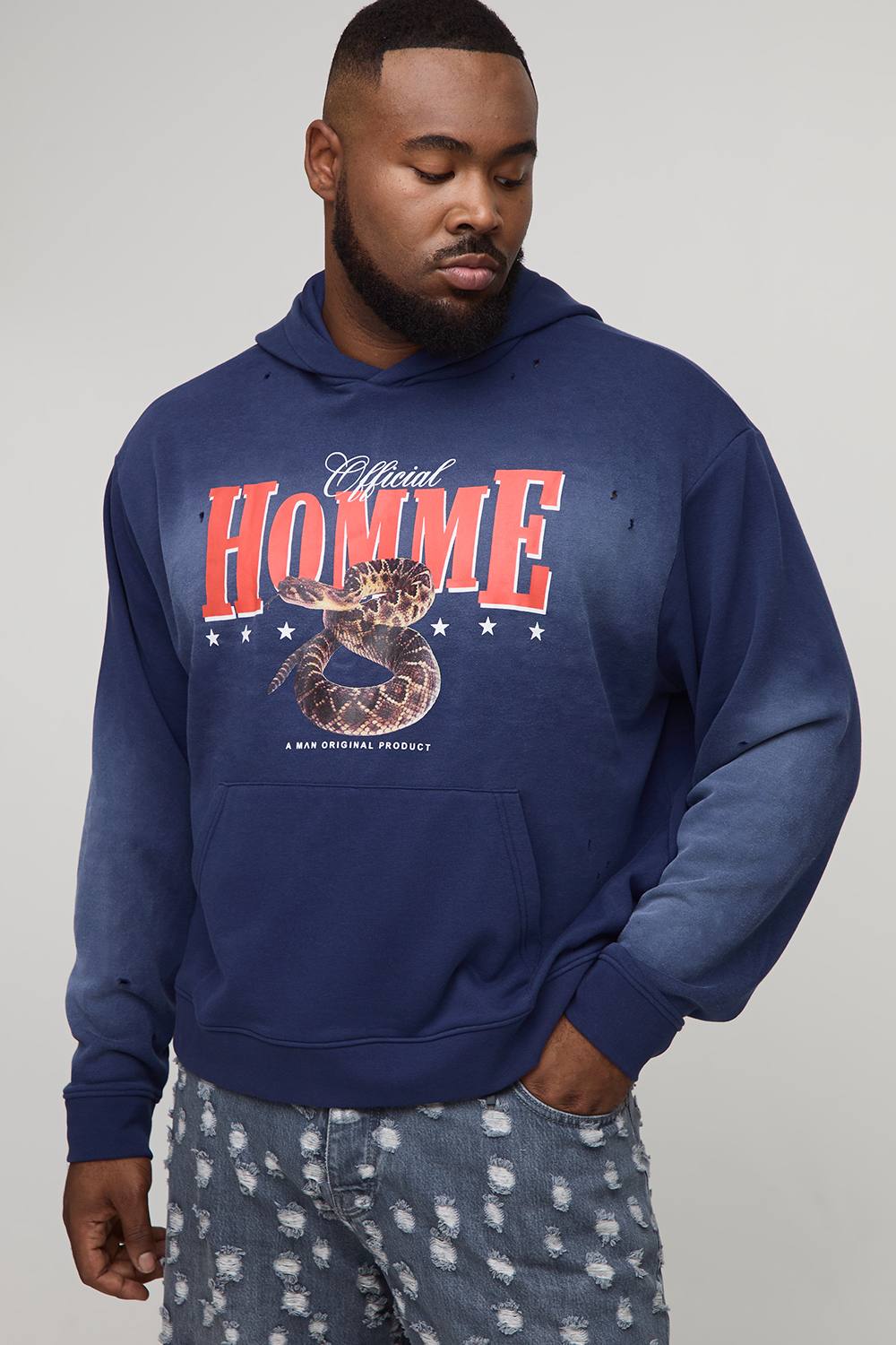 Plus Oversized Boxy Homme Western Spray Wash Distressed Hoodie | Navy | Size 2XL