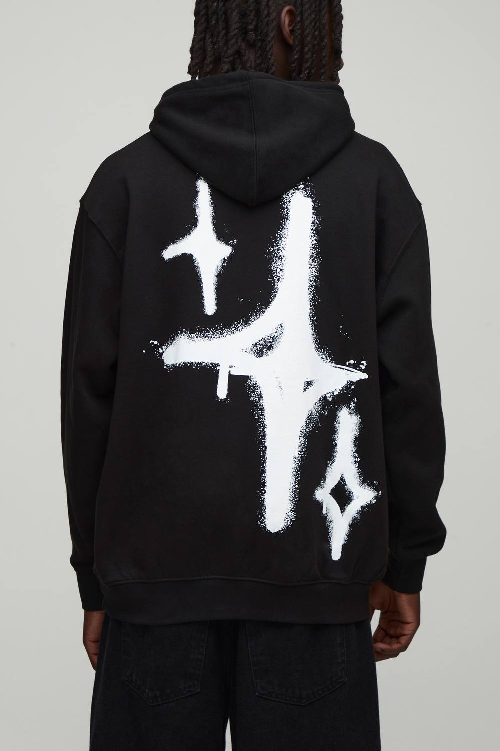Black Oversized Graffiti Star Graphic Hoodie | Size Medium