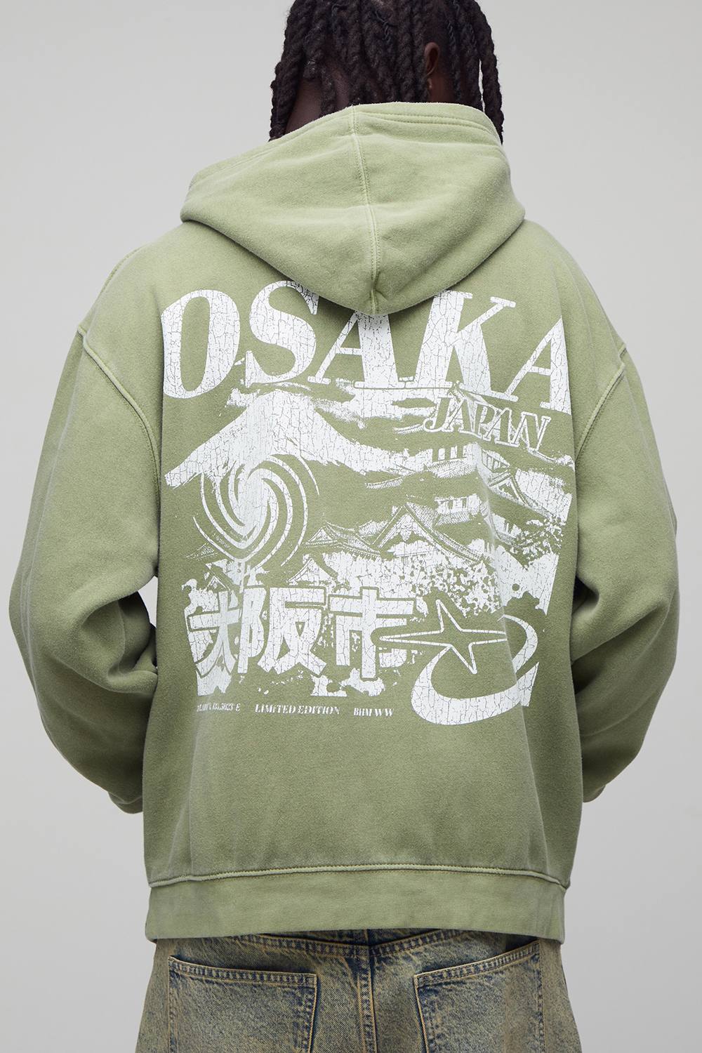 Oversized Washed Green Osaka Printed Hoodie | Size Medium