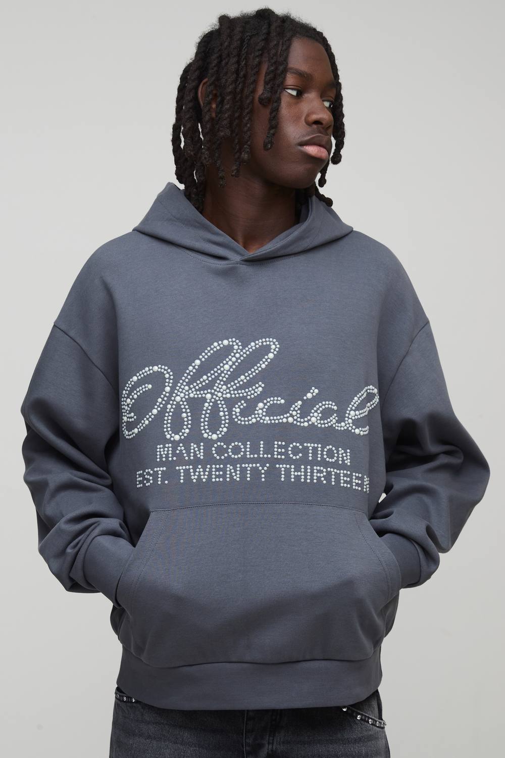 Oversized Boxy Faux Pearl Embellished Interlock Hoodie | Charcoal | Size Medium