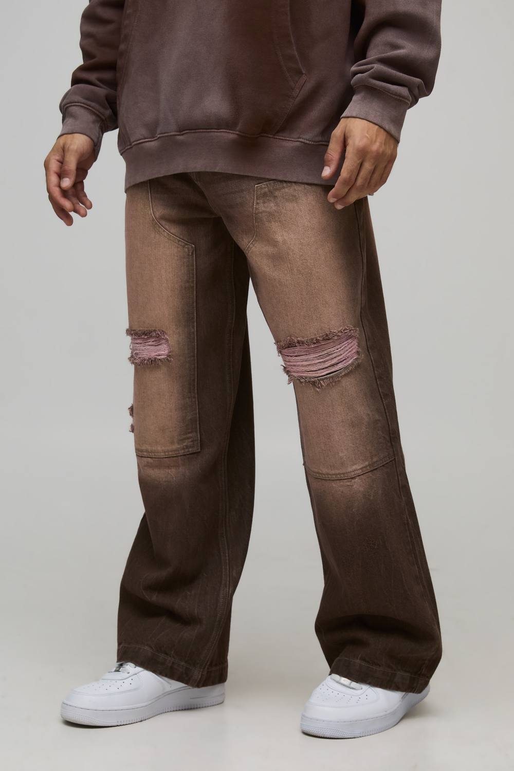 Wide Leg Washed Ripped Carpenter Rigid Denim Jeans | Brown | Size 36R
