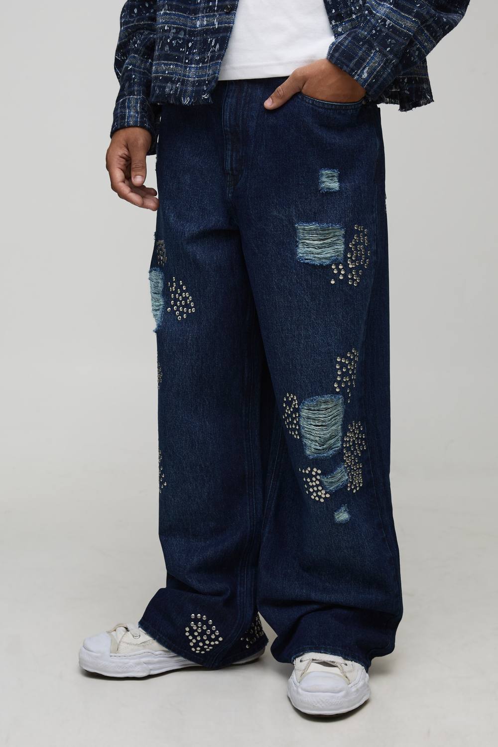 Wide Leg Rip & Repair Studded Jeans | Dark Blue | Size 28R