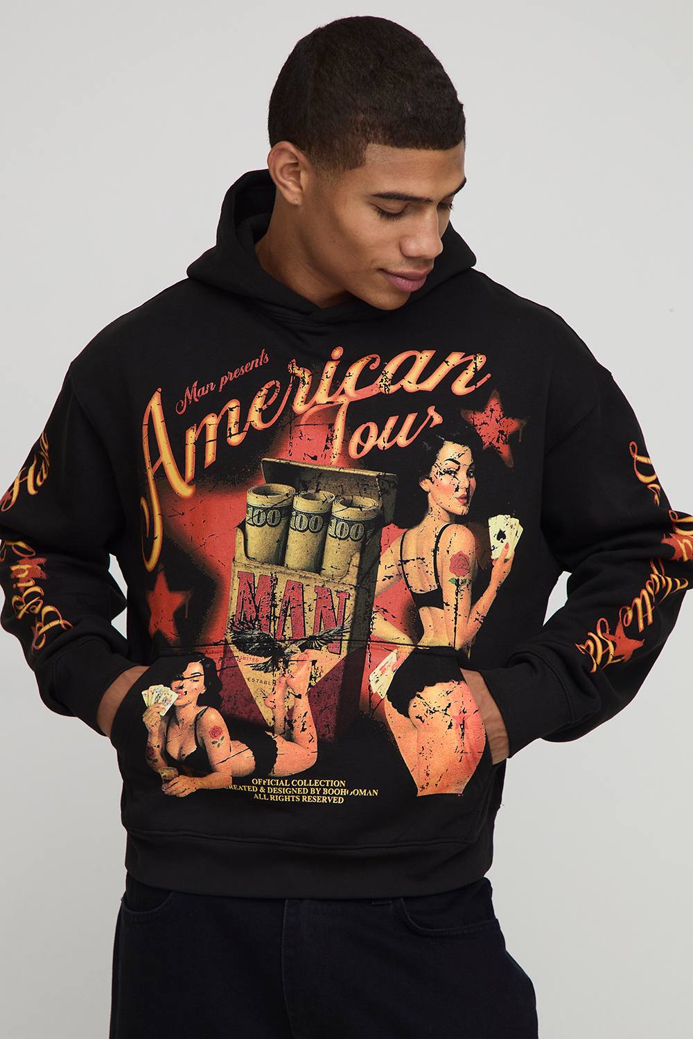 Black Oversized Boxy American Tour Graphic Hoodie | Size Medium