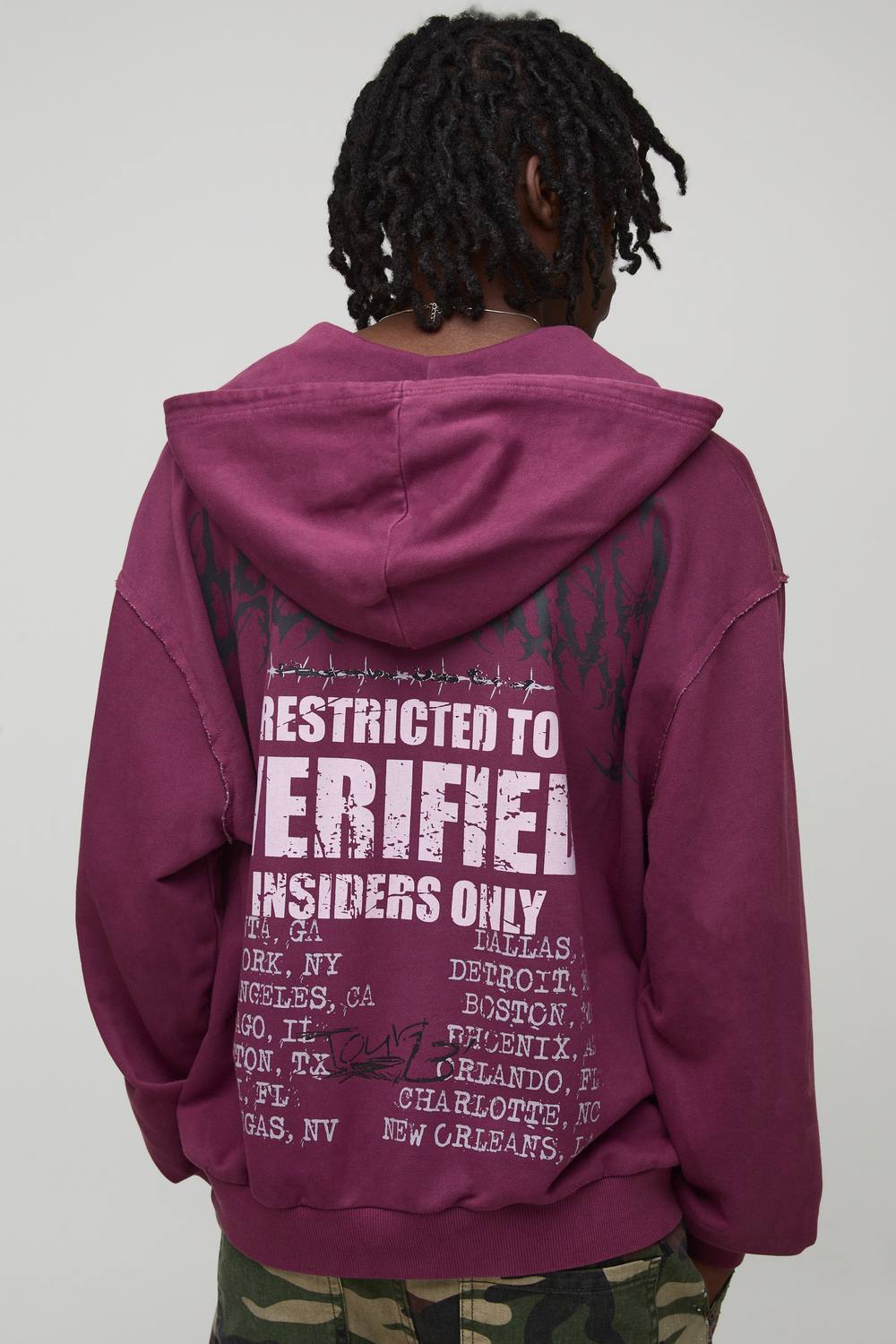 Oversized Boxy Exclusive Slogan Gothic V Neck Raw Hem Printed Washed Hoodie | Burgundy | Size Small