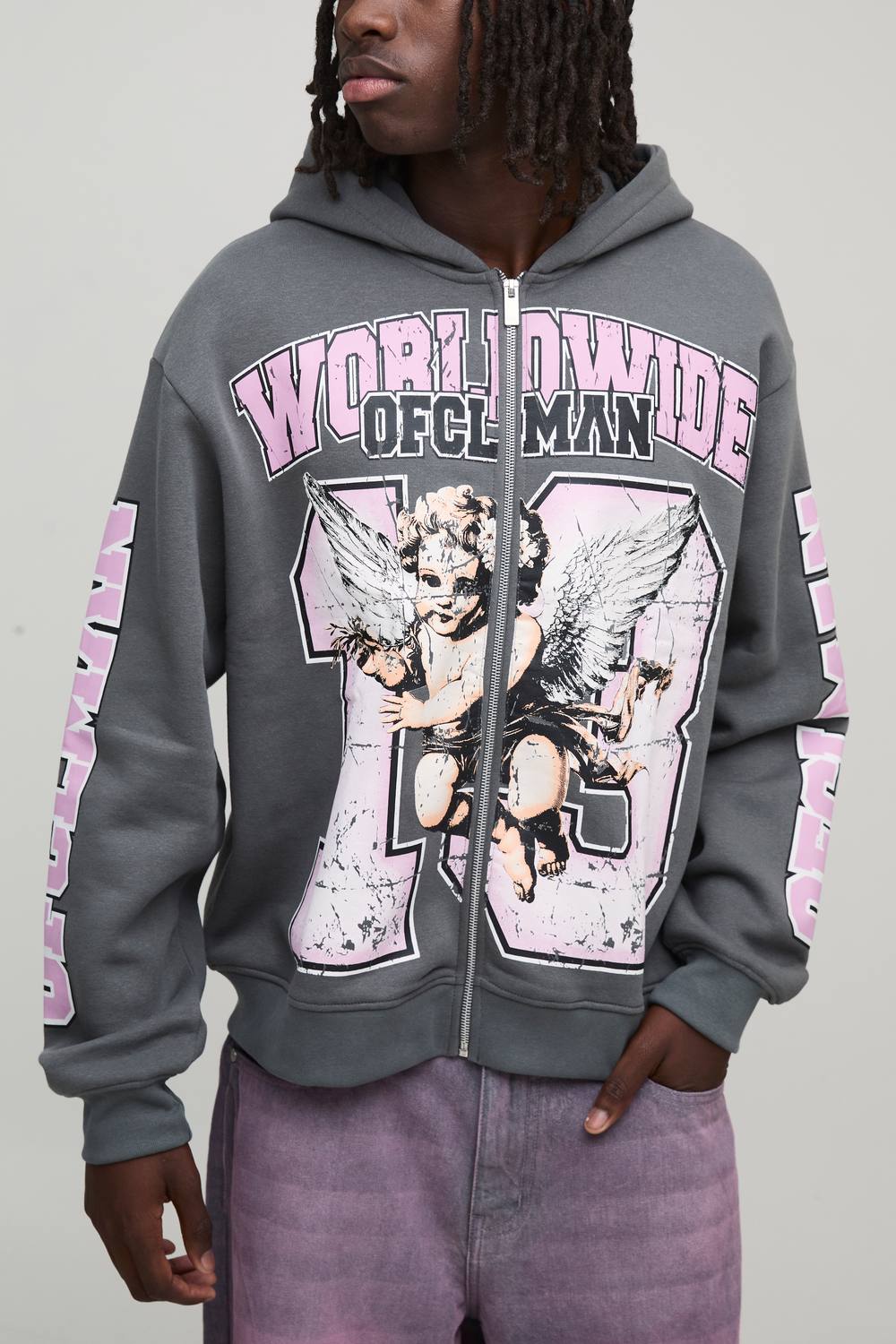 Oversized Boxy Worldwide Varsity Hoodie | Charcoal | Size Small