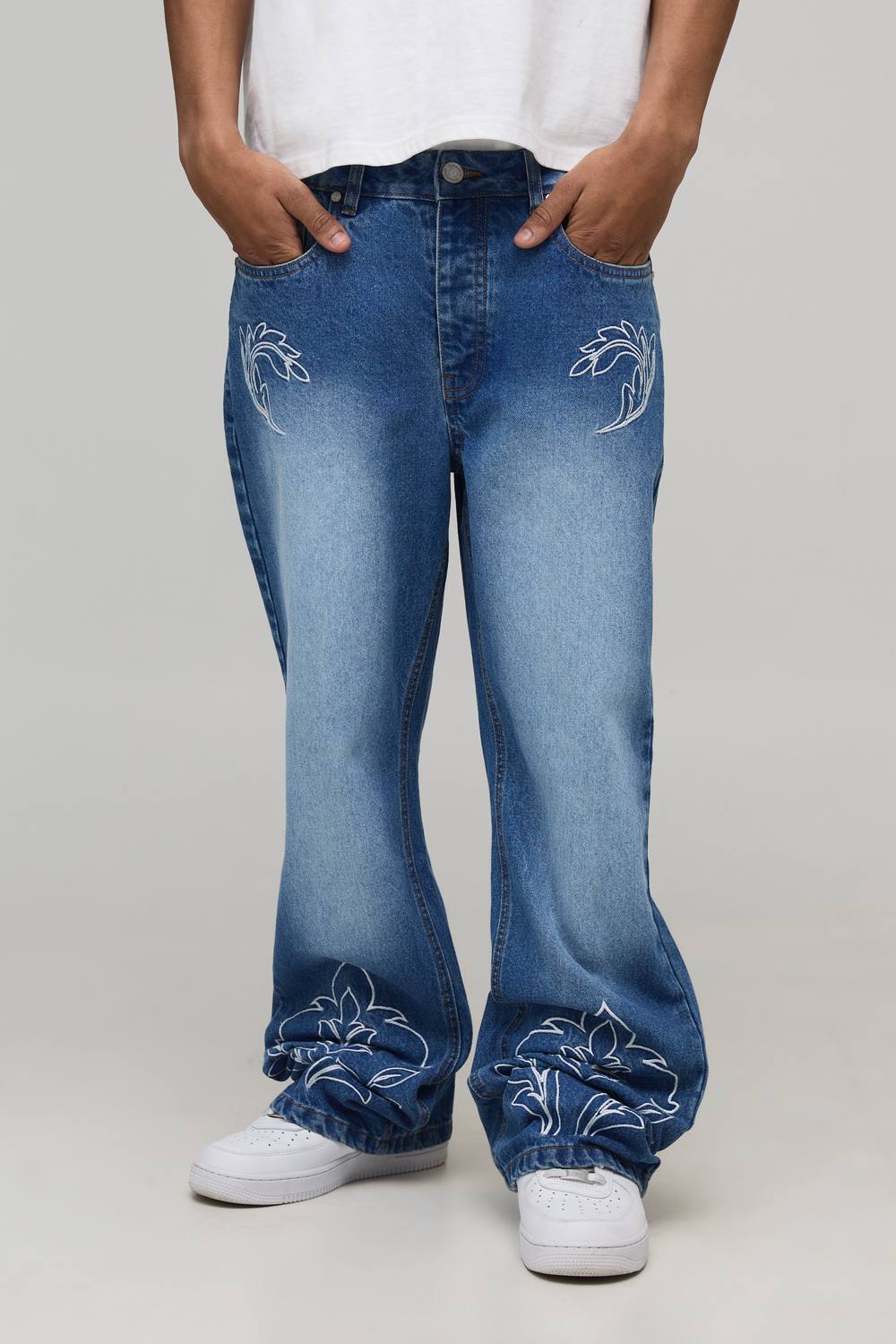 Straight Flared Western Embroidered Contrast Stitch Jeans | Light Blue | Size 36R