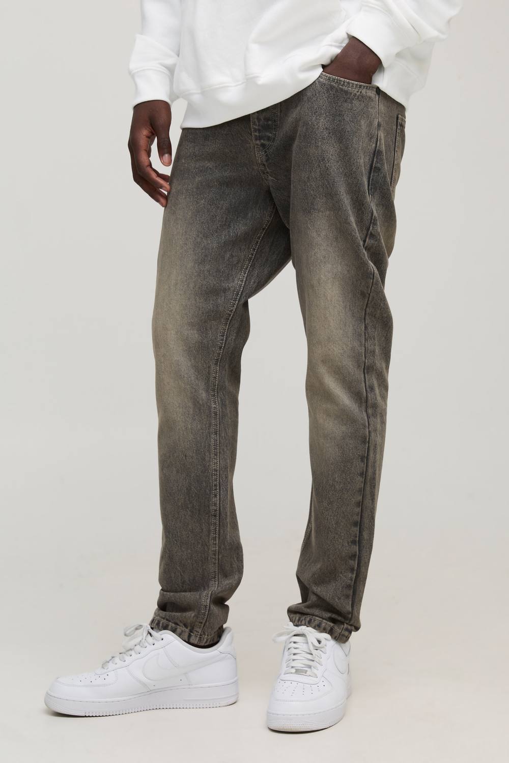 Men's Essential Slim Fit Jeans | Stone | Size 28R | BOOHOOMAN