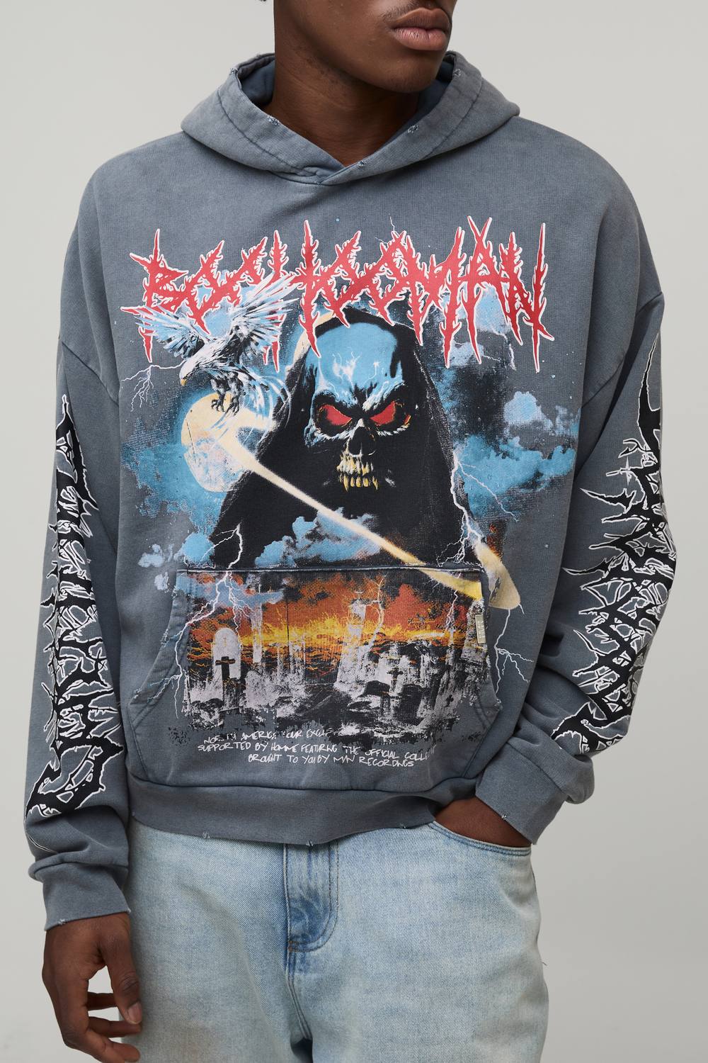 Charcoal Oversized Premium BHM Gothic Acid Wash Printed Hoodie | Mid Grey | Size Medium