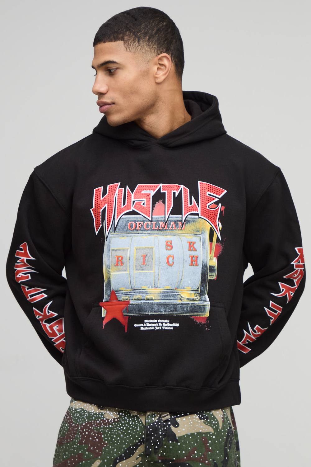 Black Oversized Boxy Hustle Slot Machine Rhinestone Printed Hoodie | Size Small