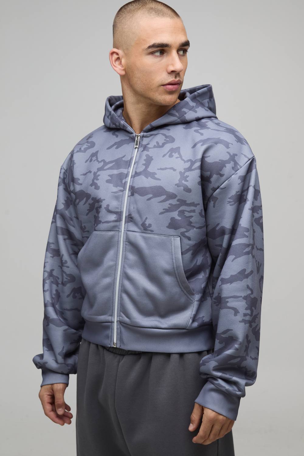 Shrunken Fit Camo Print Zip Through Hoodie | Black | Size Medium