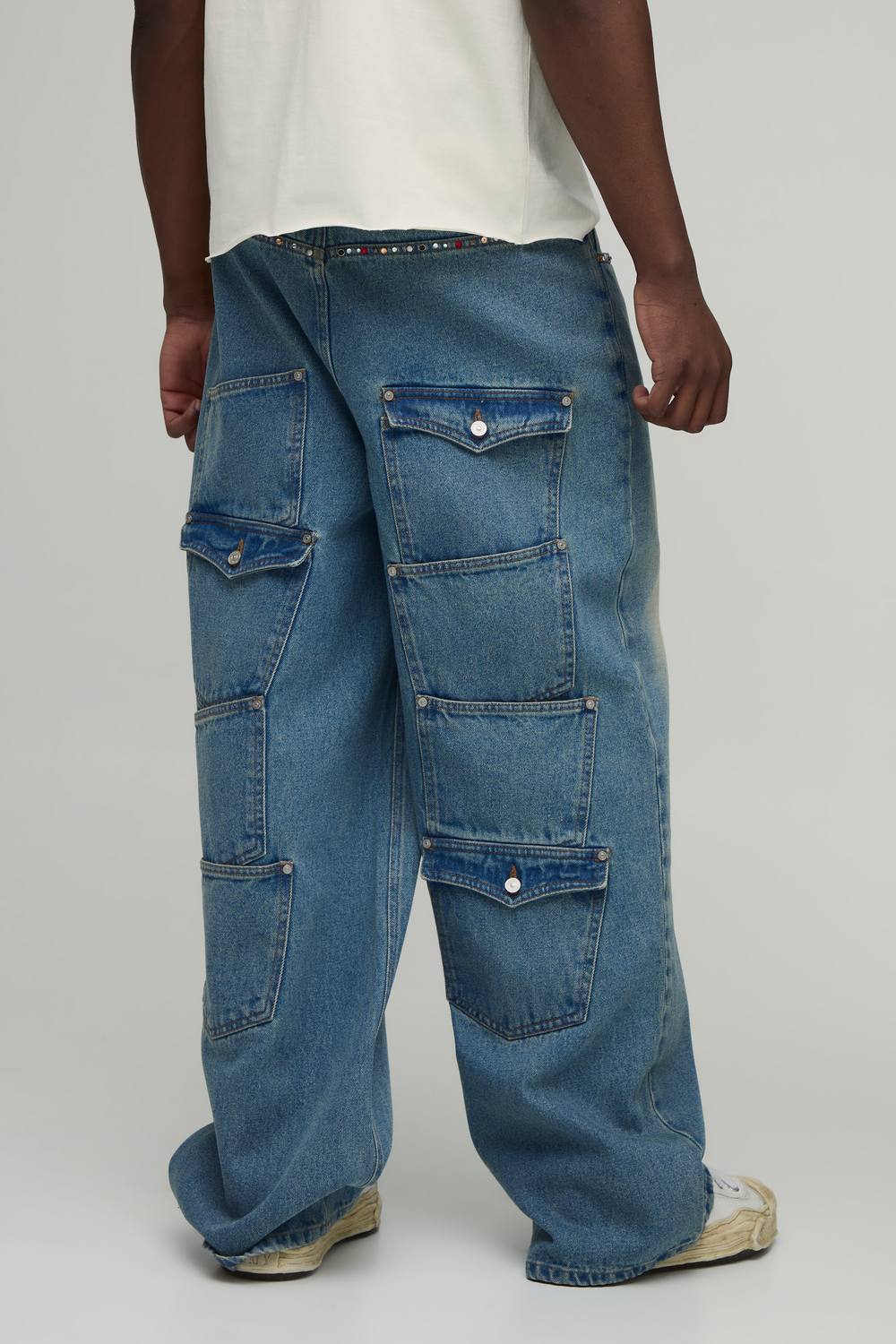 Tall Rhinestone Trim Multi Pocket Baggy Jeans | Vintage Blue | Size 40