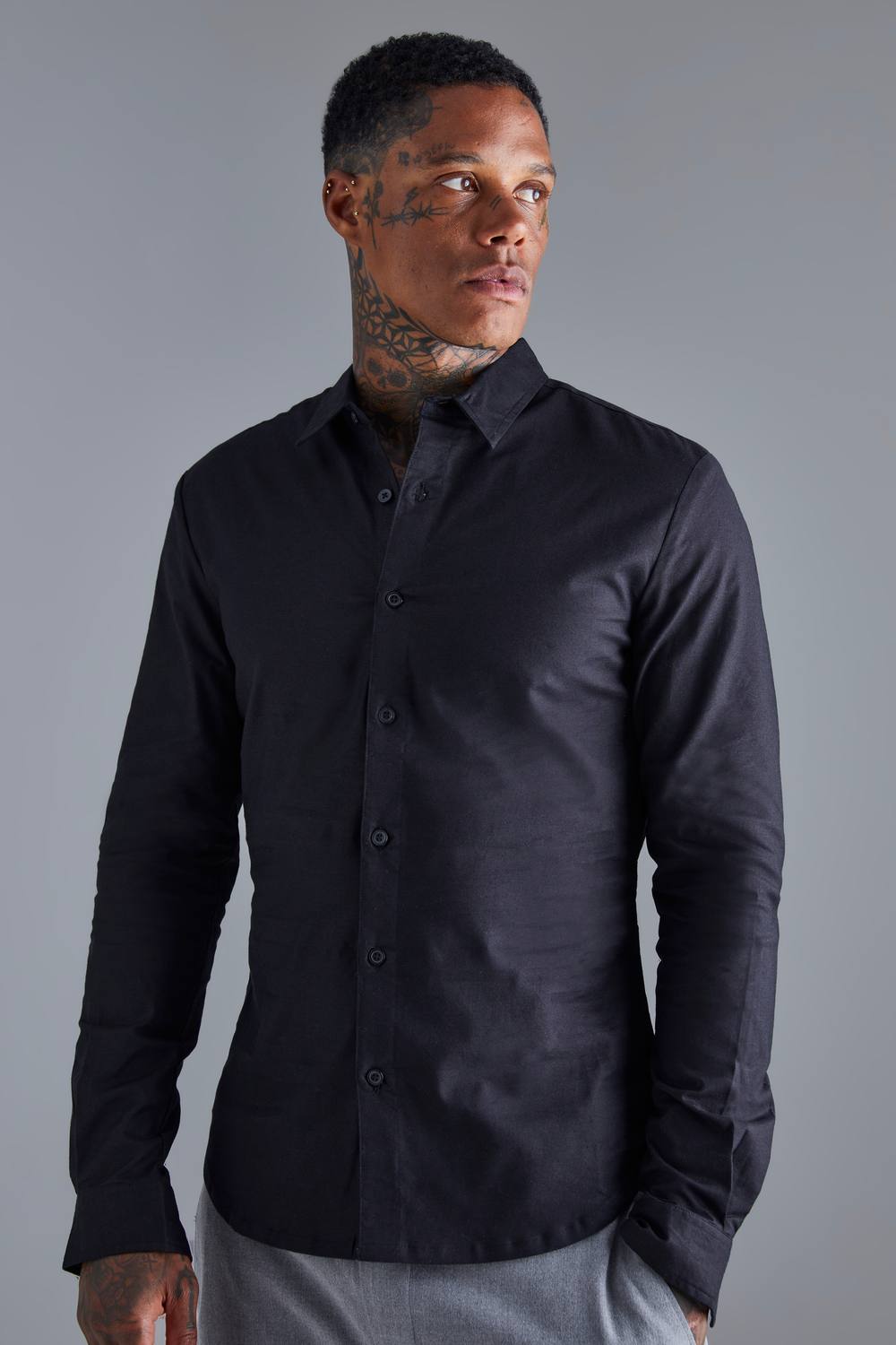 Muscle Fit Long Sleeve Shirt | Black | Size Medium