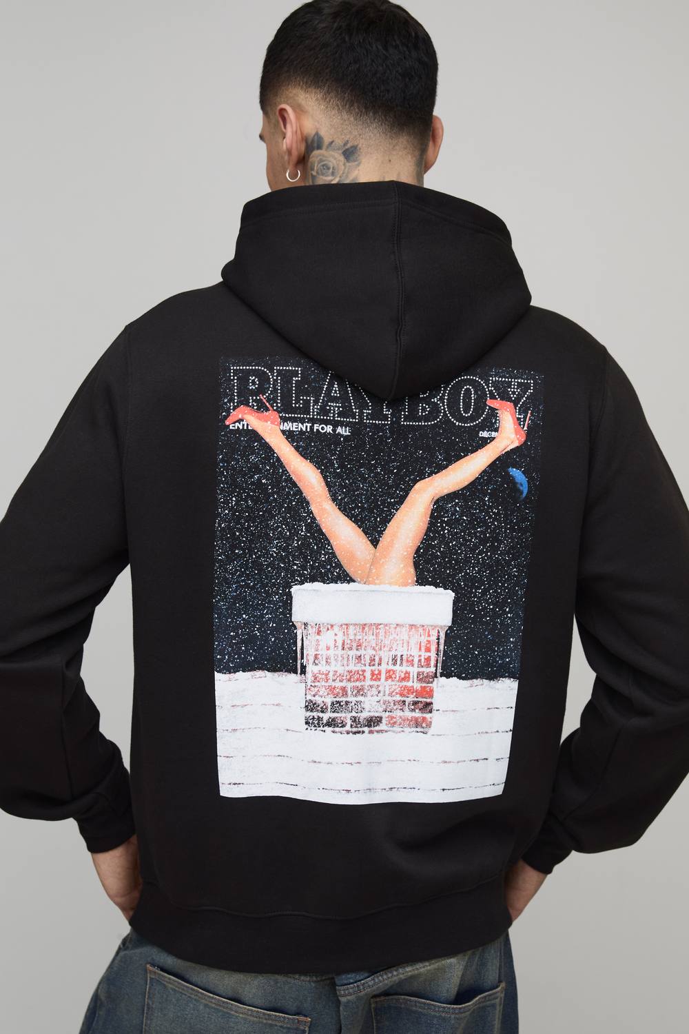 Tall Oversized Playboy Christmas License Printed Hoodie | Black | Size Small