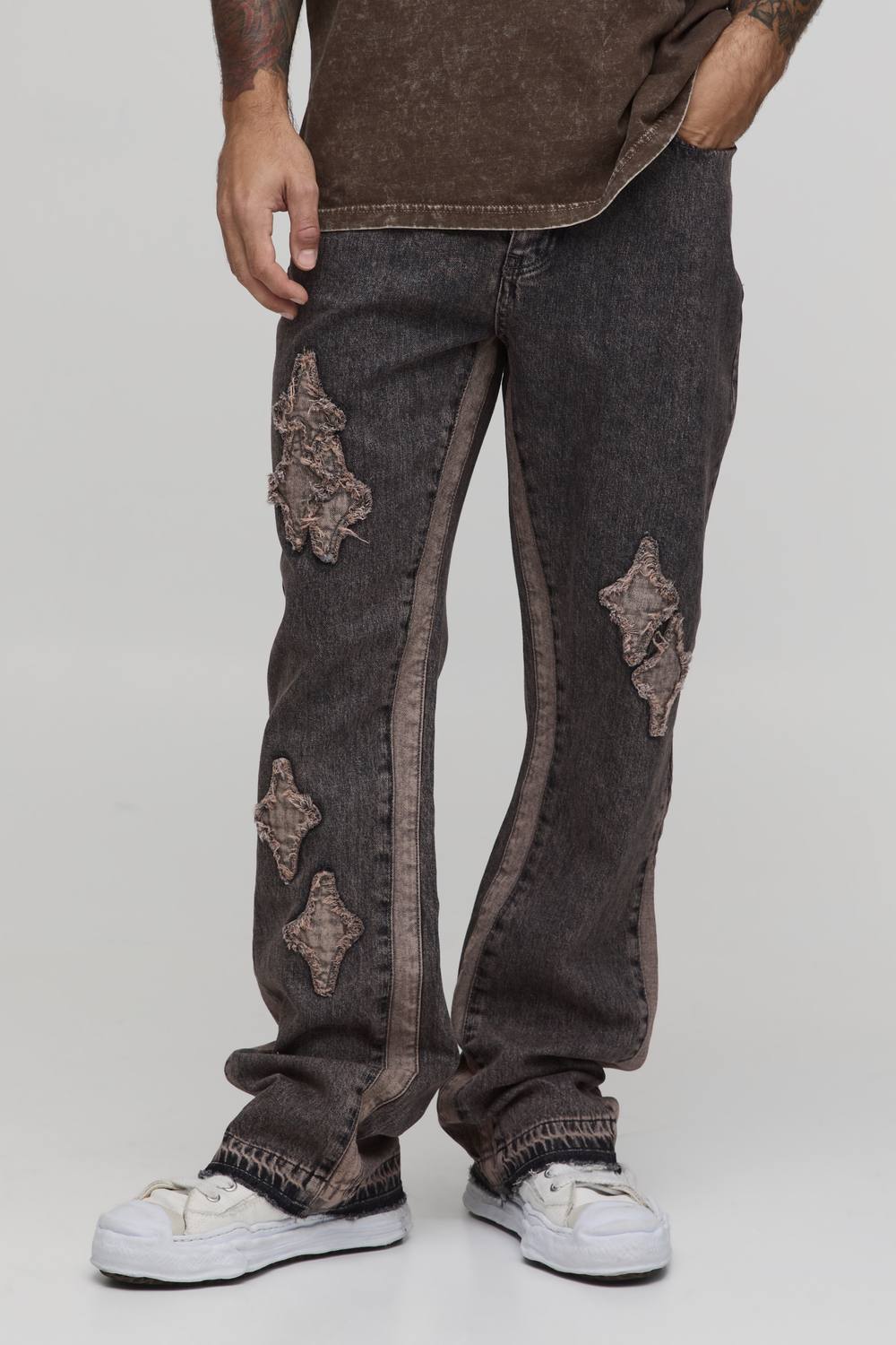 Washed Slim Flare Applique Panel Jeans | Stone | Size 46
