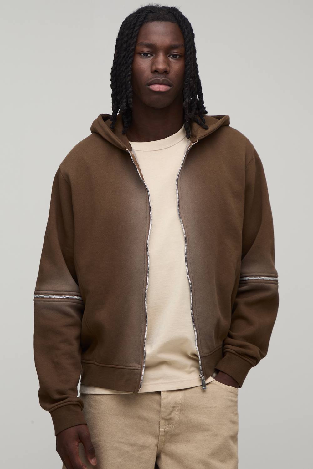 Boxy Spray Wash Zip Through Hoodie | Brown | Size Medium