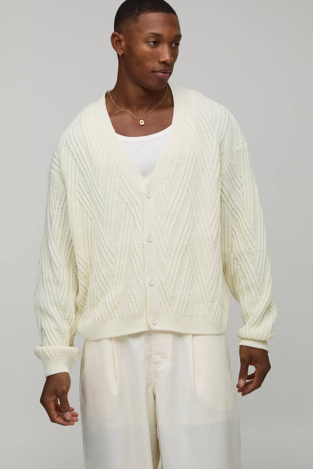 Oversized Boxy Wavy Knitted Cardigan | Ecru | Size Medium