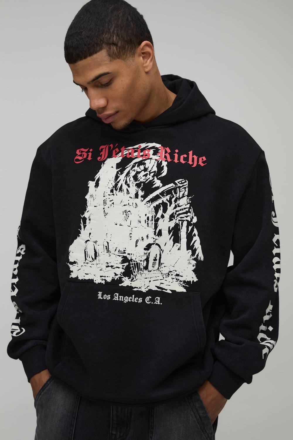 Oversized Gothic Washed Printed Hoodie | Washed Black | Size Medium