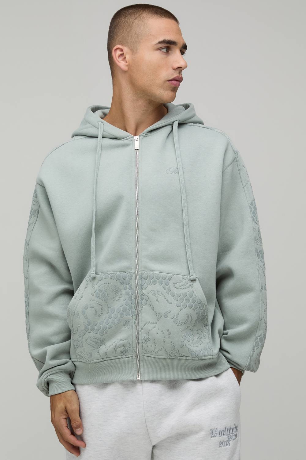 Oversized Flocked Sleeve Zip through Hoodie | Forest | Size Medium
