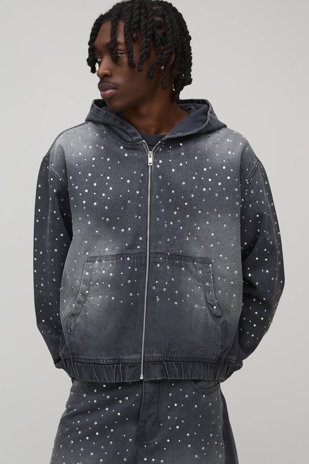 Washed Rhinestone Boxy Oversized Zip Up Denim Hoodie | Grey | Size Medium
