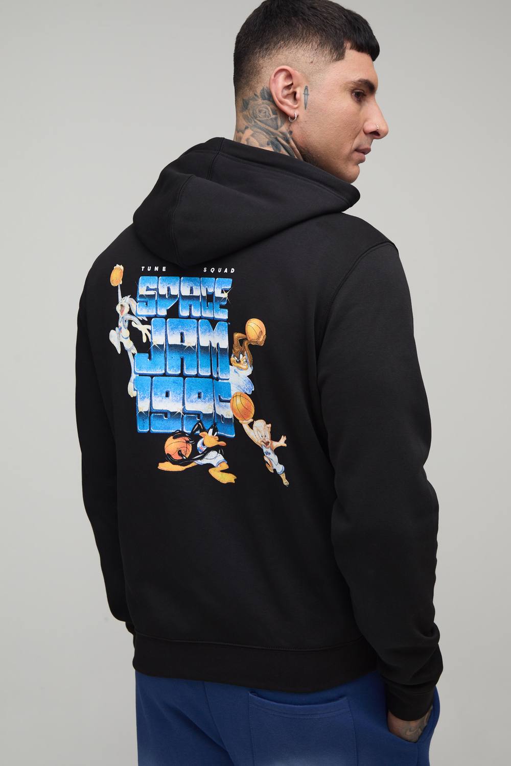Tall Oversized Boxy Space Jam License Zip through Hoodie | Black | Size Medium
