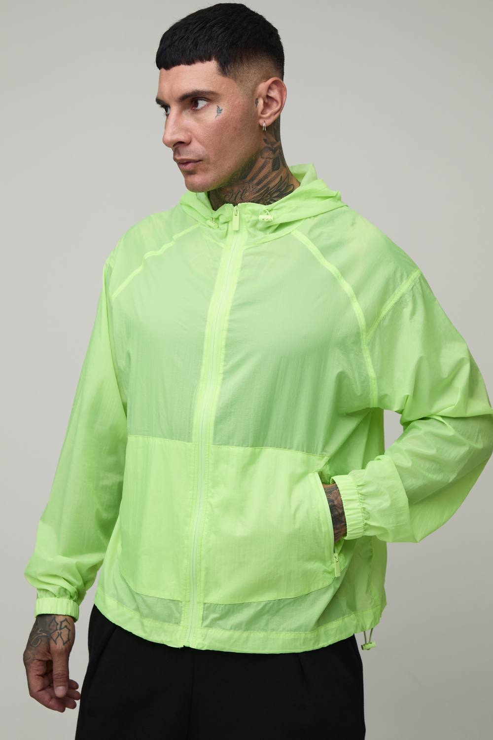 Tall Oversized Boxy Glow In The Dark Hooded Toggle Cagoule | Lime | Size Medium