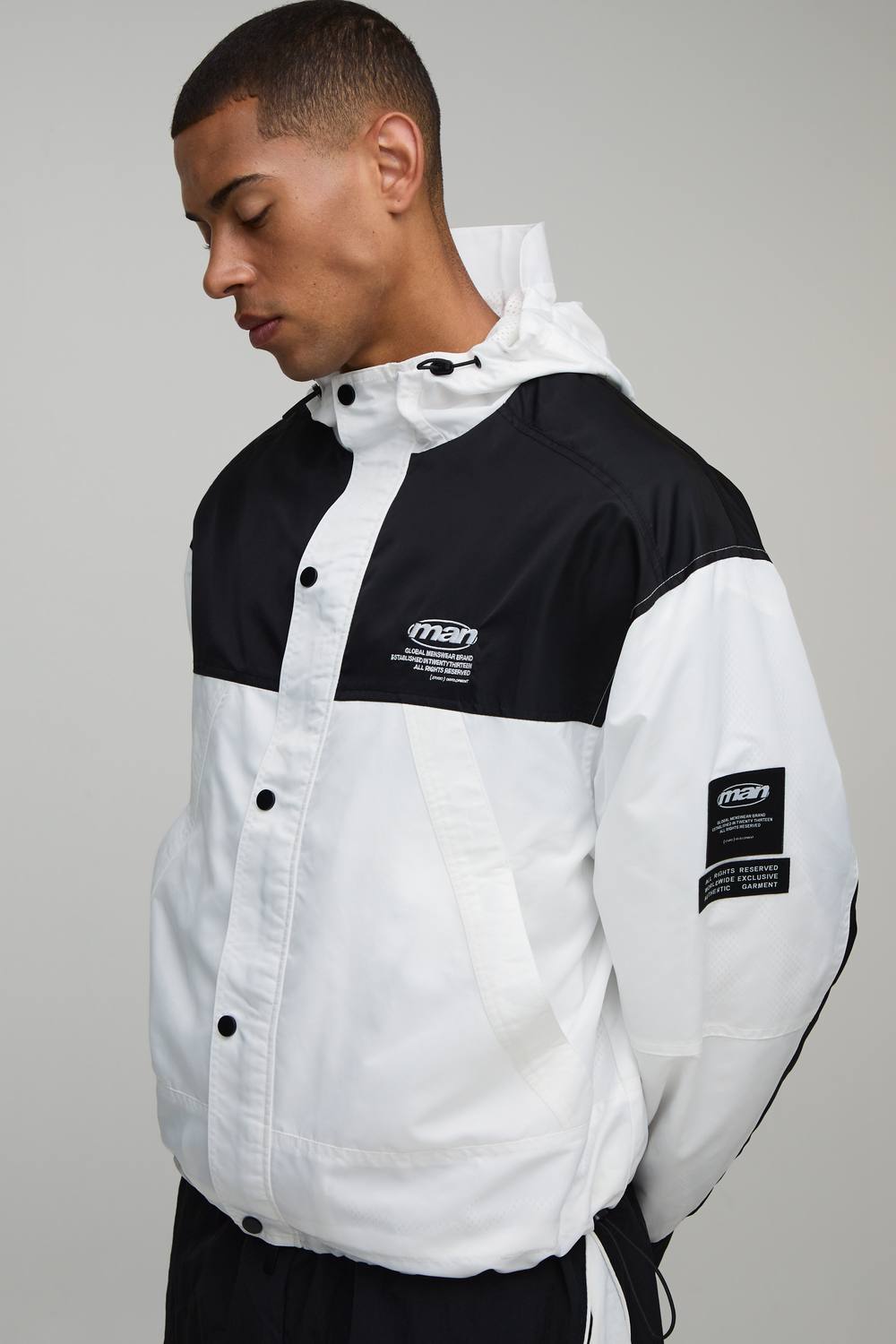 Oversized Nylon Colour Block Hooded Cagoule | White | Size Medium