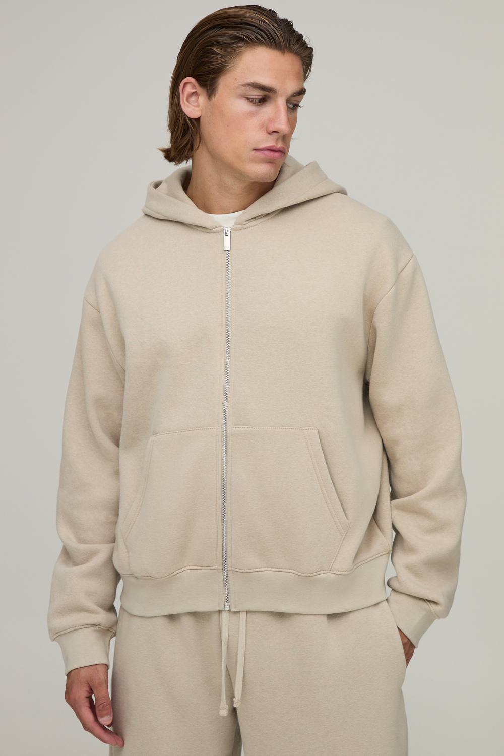 Essential Oversized Boxy Zip Through Hoodie | Stone | Size Medium