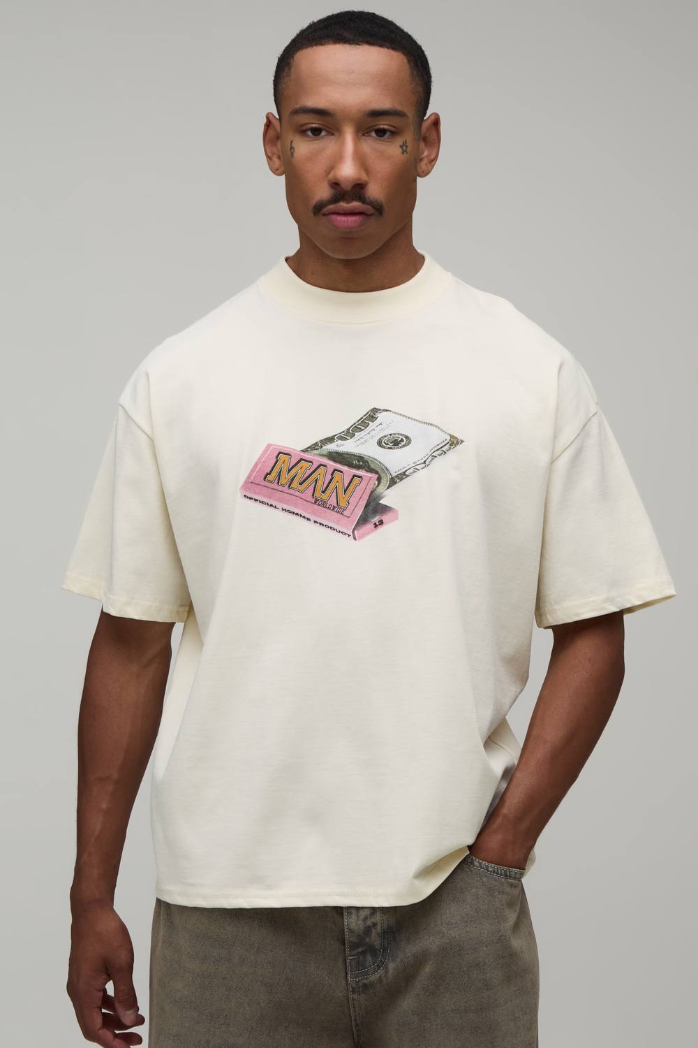 Men's Oversized Boxy Man Dollar Print T-Shirt | Ecru | Size Medium | BOOHOOMAN
