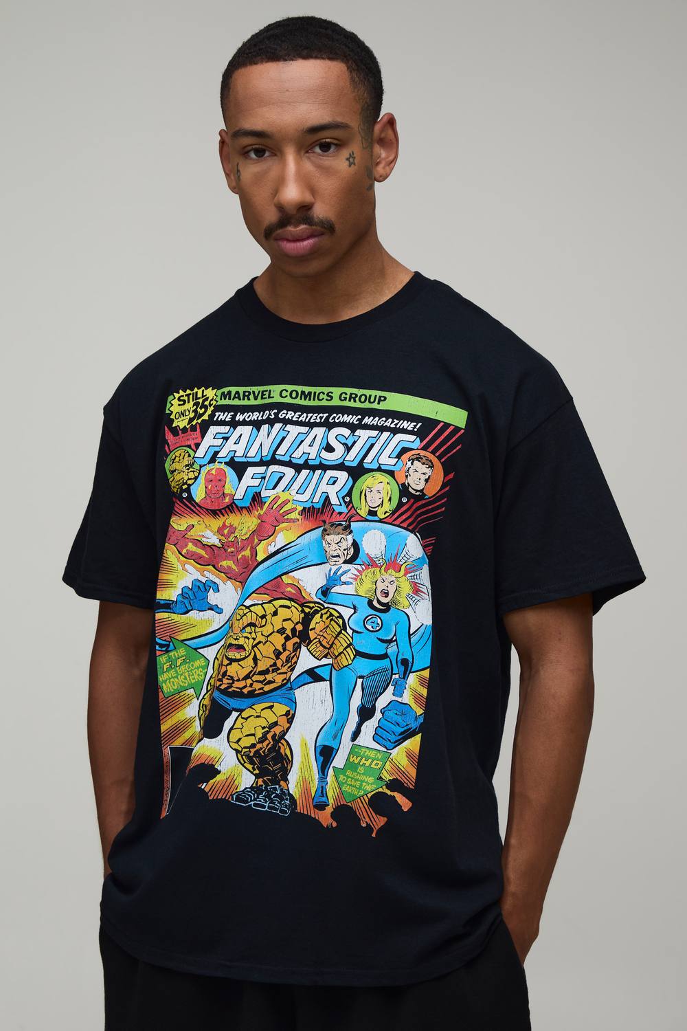 Men's Oversized Fantastic Four Print T-Shirt | Black | Size Medium | BOOHOOMAN