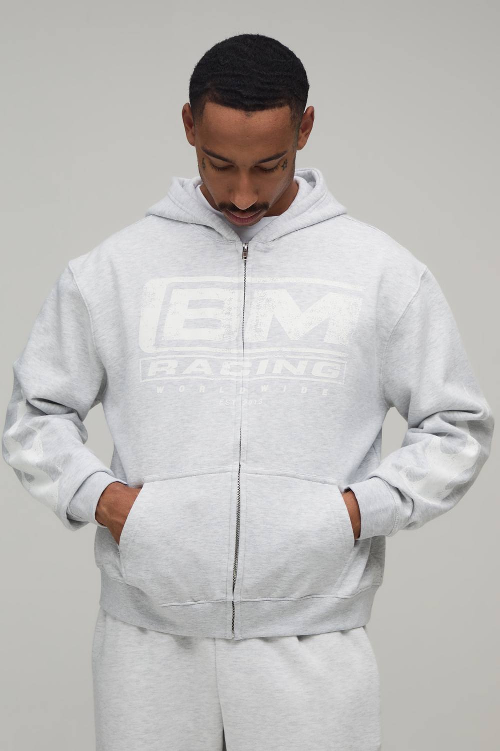Grey Marl Oversized Boxy Racing Print Zip Through Hoodie | Size Medium
