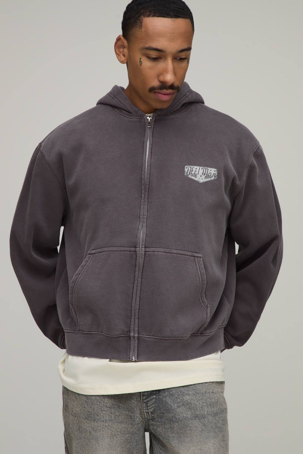 Oversized Boxy Moto Washed Zip Through Hoodie | Washed Chocolate | Size Medium