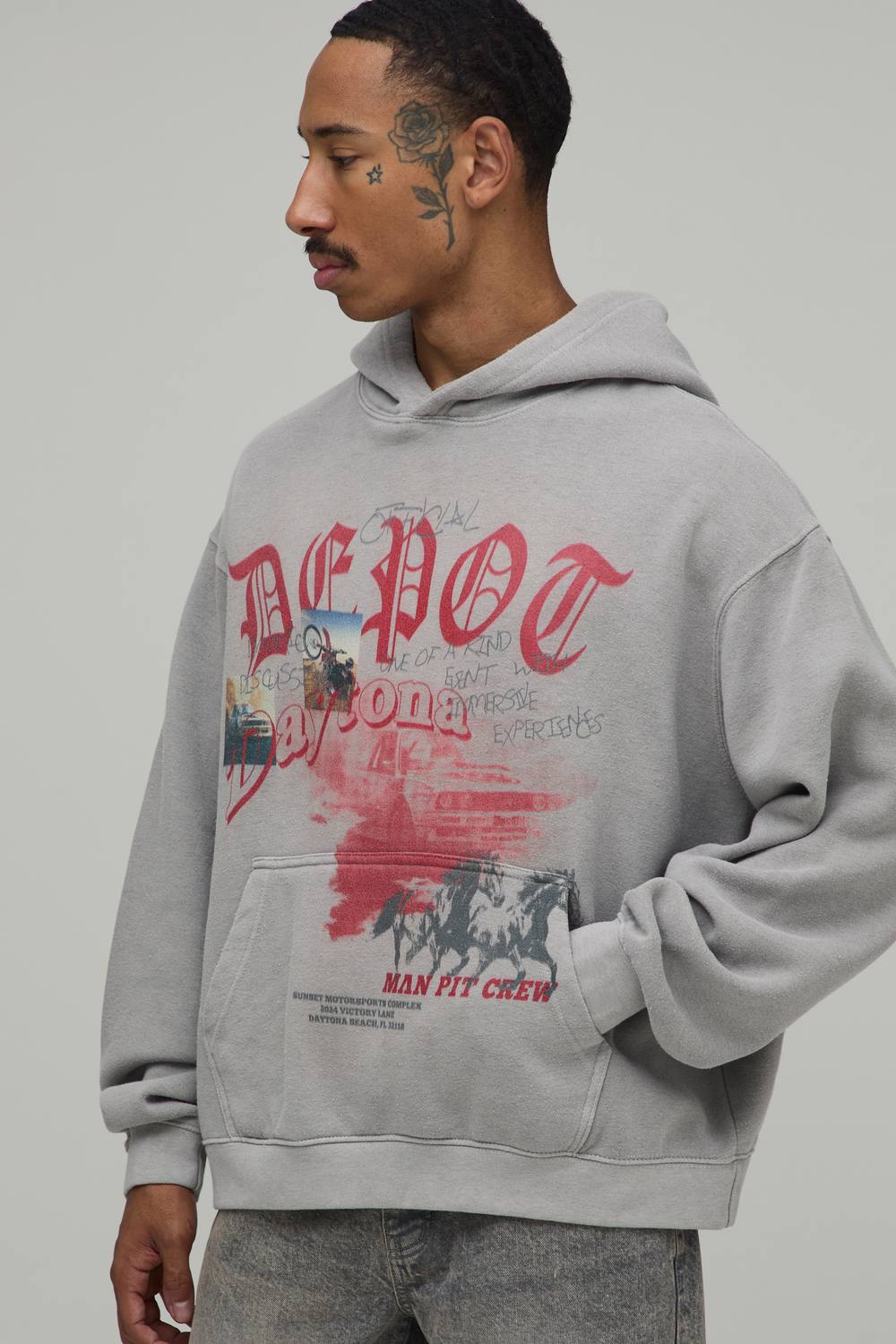 Oversized Boxy Depot Western Graphic Washed Hoodie | Mushroom | Size Medium
