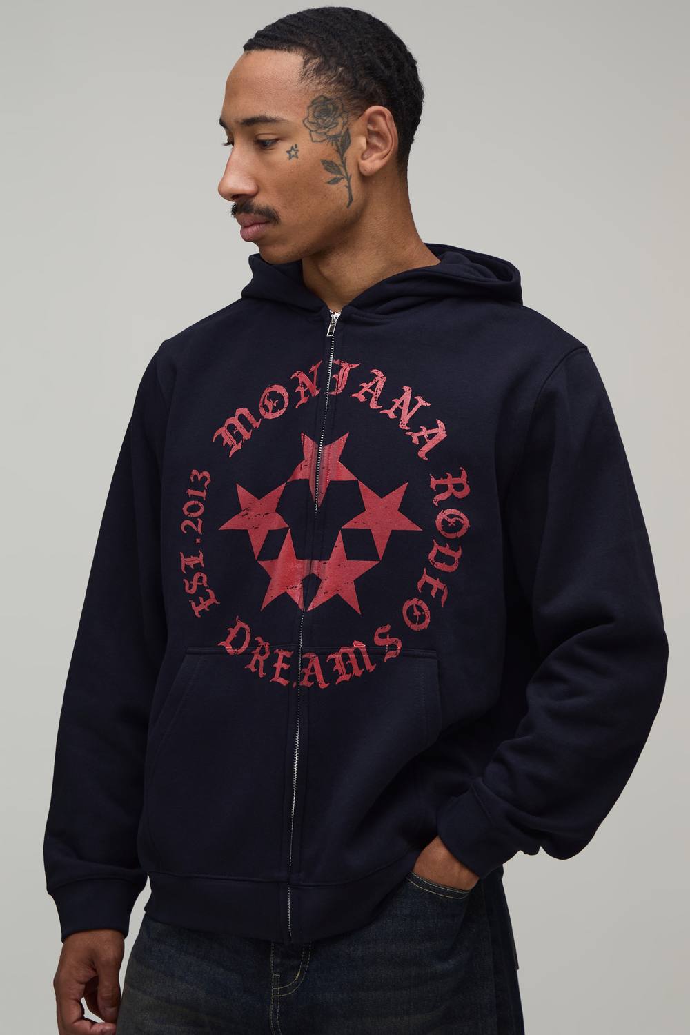Navy Oversized Boxy Rodeo Star Print Zip Through Hoodie | Size Medium