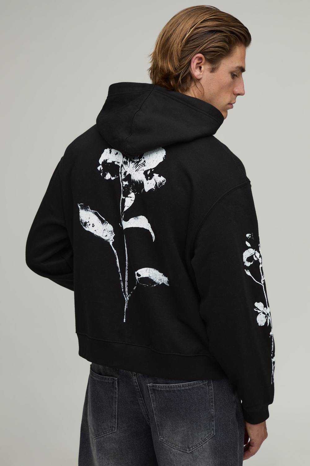 Oversized Boxy Floral Mono Graphic Hoodie | Black | Size Medium
