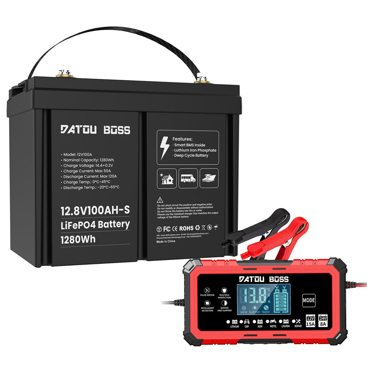 DATOUBOSS 12V 100Ah LiFePO4 Battery with 100A BMS + 12V15A Smart Battery Charger for RV Solar & Home System