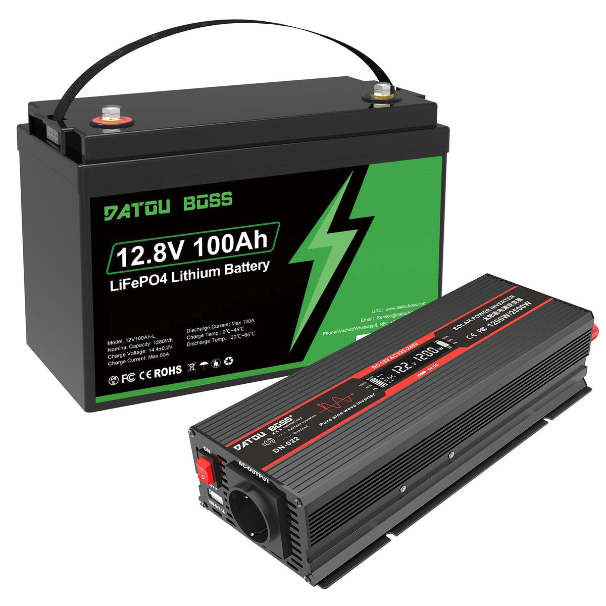 DATOUBOSS EVE Cells 12V 100Ah LiFePO4 Battery with 100A BMS and 1200W Pure Sine Wave Inverter 12V to 230V, 2500W Peak, USB, LED Display, EU Socket