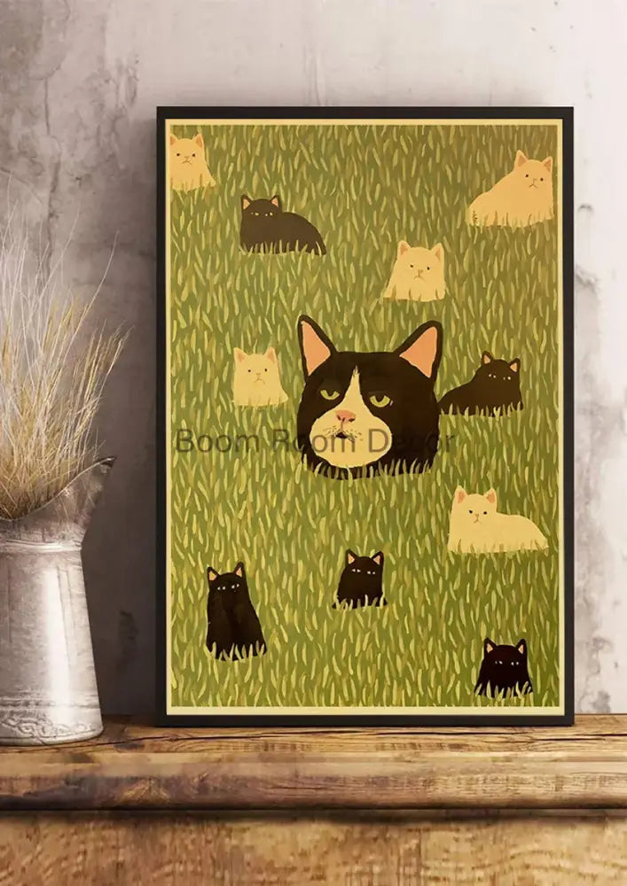 Whimsical black and white cat paper poster set for bedroom decor - Z163 / 30x21cm