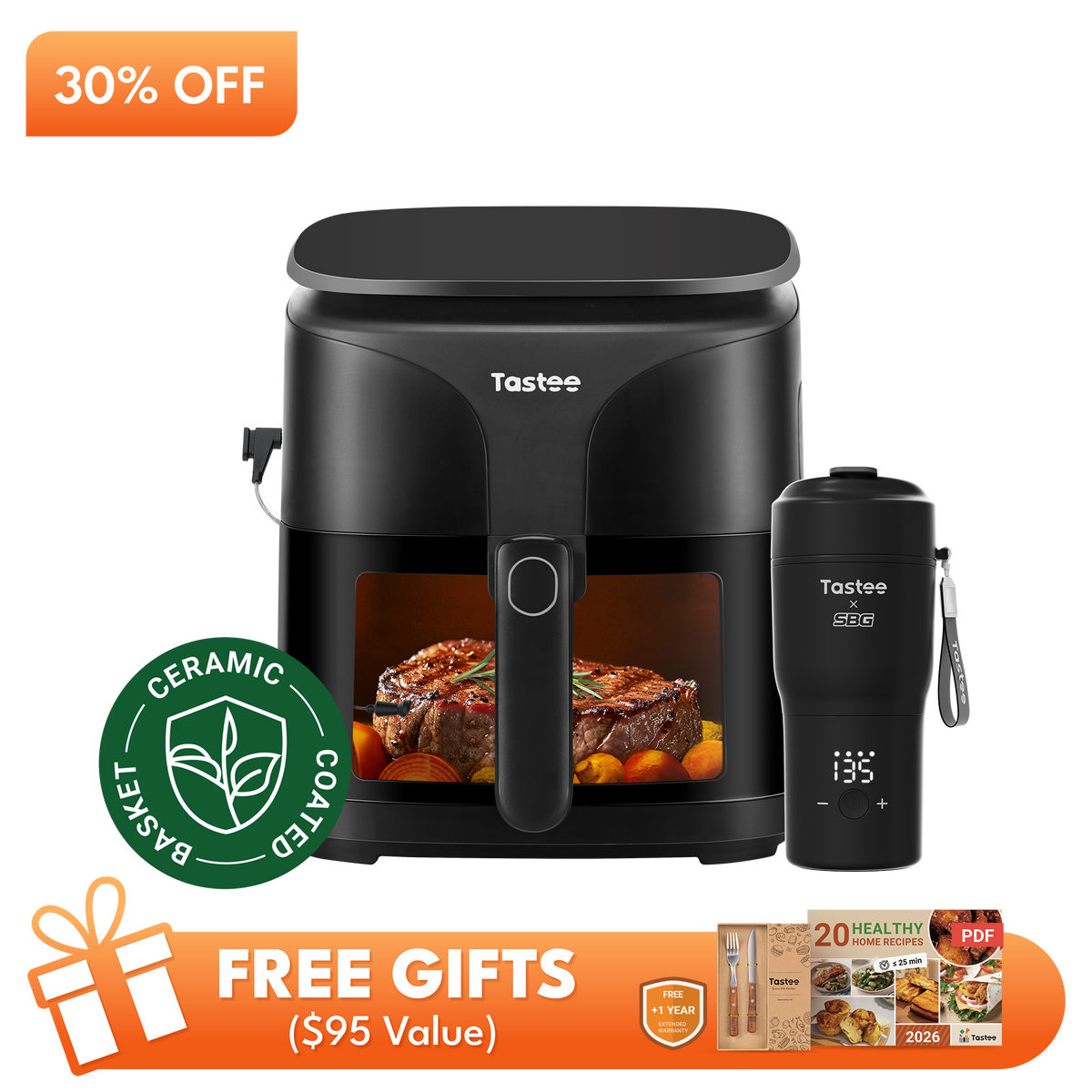 Tastee Sensor Magic Smart Air Fryer (Ceramic Coated) + Travel Coffee Mug (SBG Edition) - Black