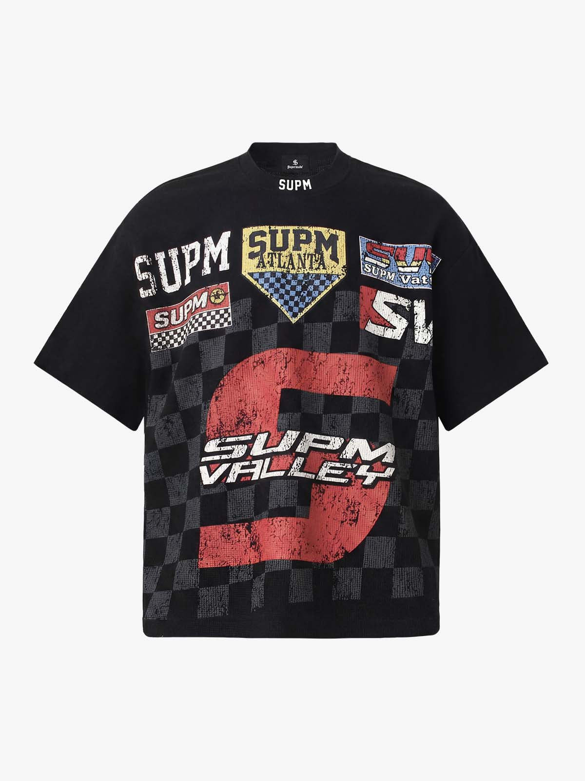 Waffle Knit Racing Checkered Flag Graphic T-Shirt - Black / S