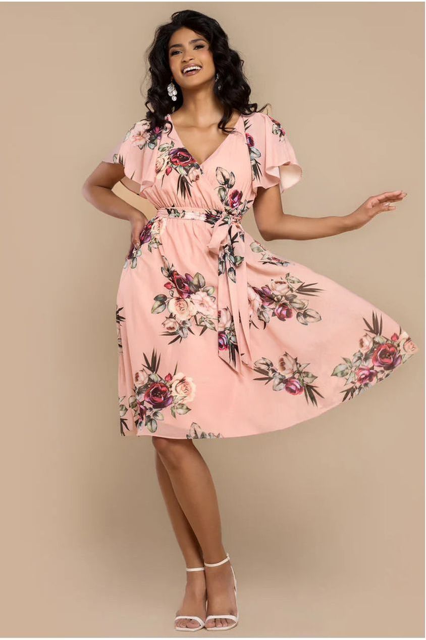 Goddiva Sustainable Floral Print Midi Wrap Dress With Flutter Sleeves - Peach