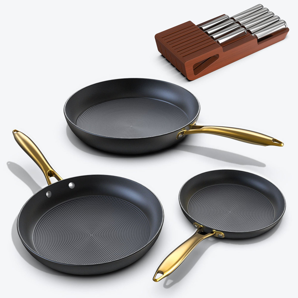 Cast Iron Fry Pans with Golden Handle and In-Drawer Knife Set Bundle