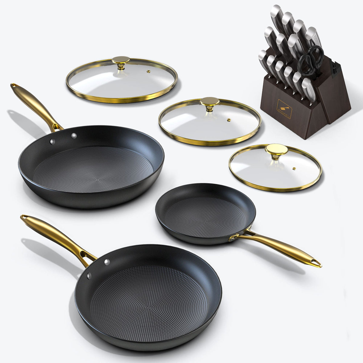 Cast Iron Skillet Set with Glass Lids and Japanese Knife Set Bundle - Brown